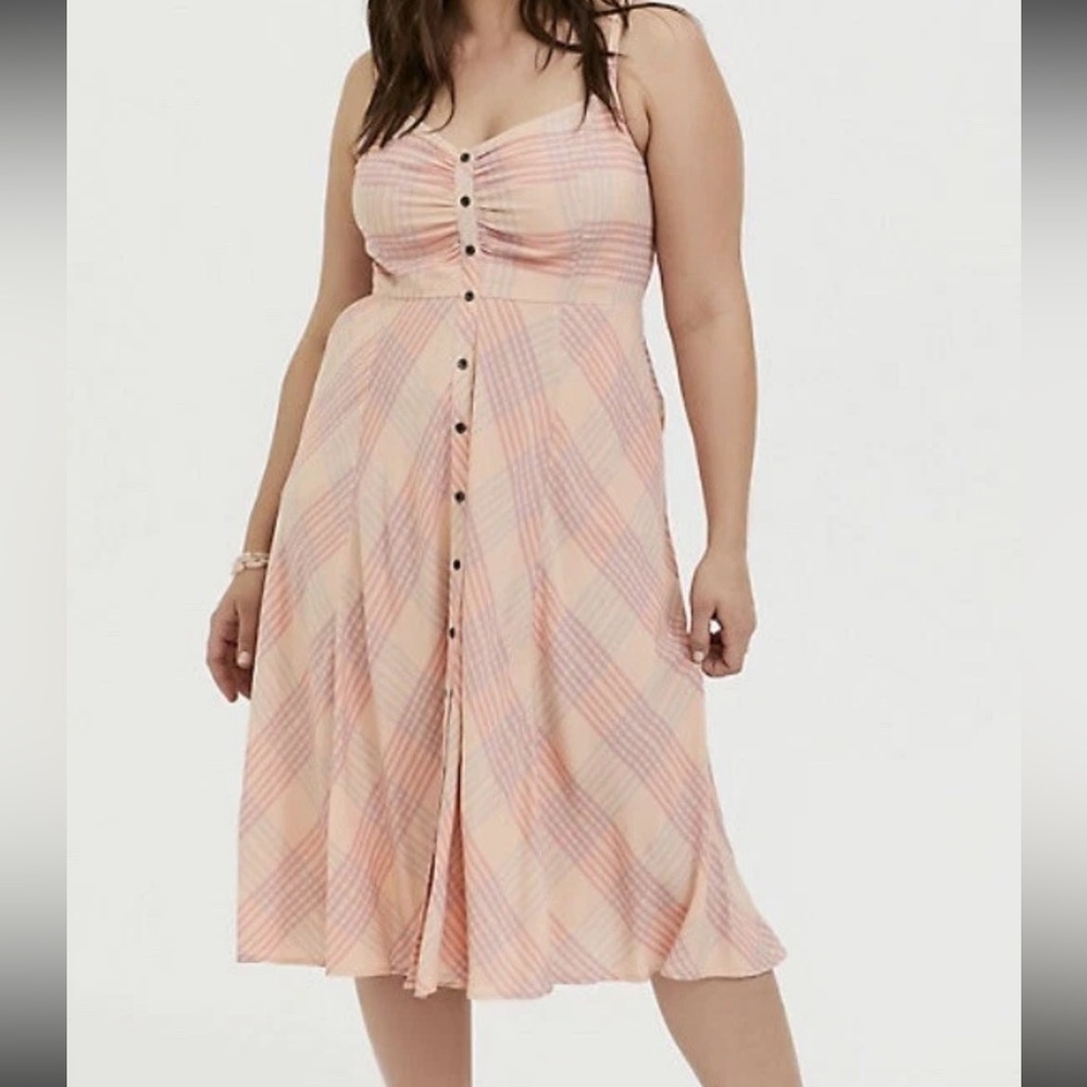 Torrid Peach Plaid Challis Sleeveless Button Front Midi Flowy Spring Dress 2XL